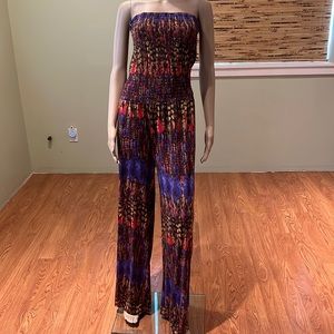 Planet Gold Bright Multi-colored Jumpsuut With Tube Top Bodice Size L